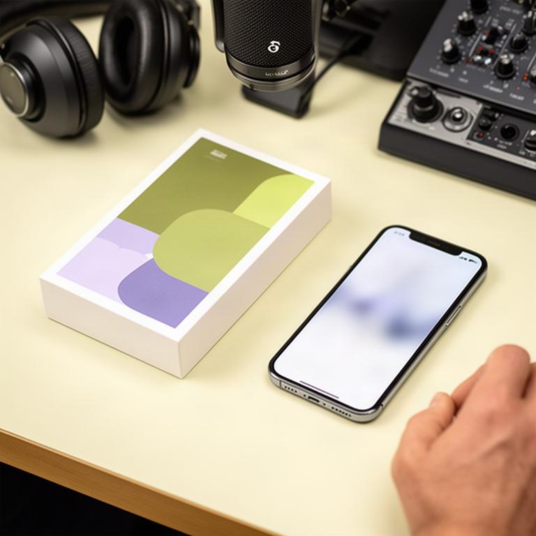 商品パッケージとスマートフォンを並べた撮影机で、音声収録を確認する様子