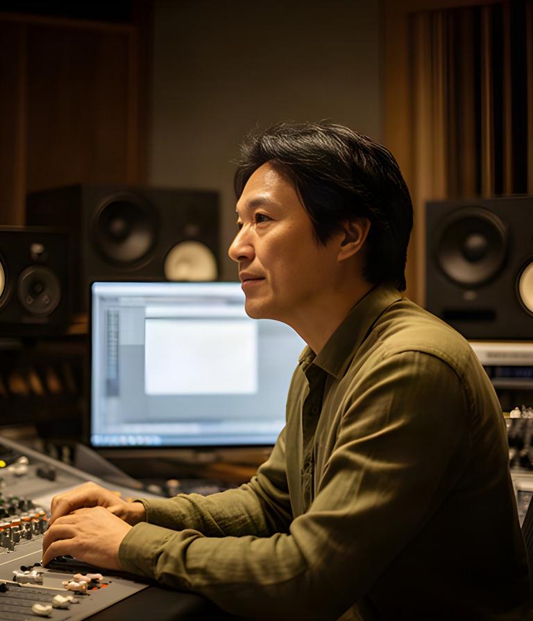 コントロールルームで音を確認する音響エンジニア秀紀 古澤
