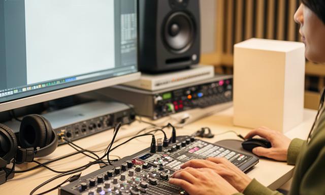 商品紹介音声を編集する岡山の音声制作スタジオの作業卓